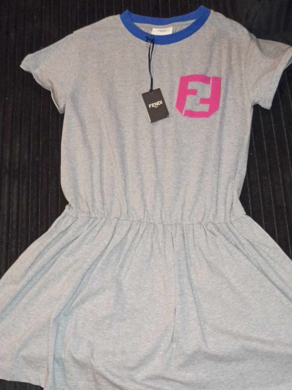 Fendi Grey Dress with Pink Logo and Blue Neckline